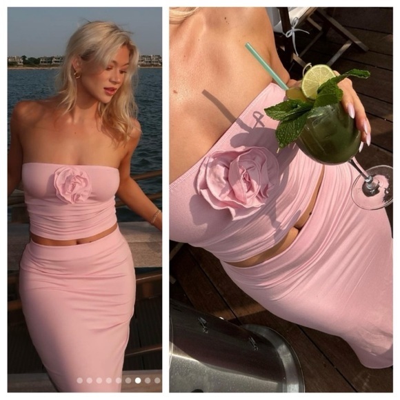 Reformation Dresses & Skirts - Reformation Adalynn Two Piece Rosette Strapless Top Maxi Skirt Baby Girl Pink